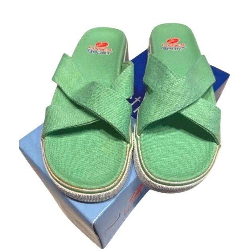 Hanes Sport Stay Clean Mary Lime Green Canvas Womens Platform Sandals Slides 6.5